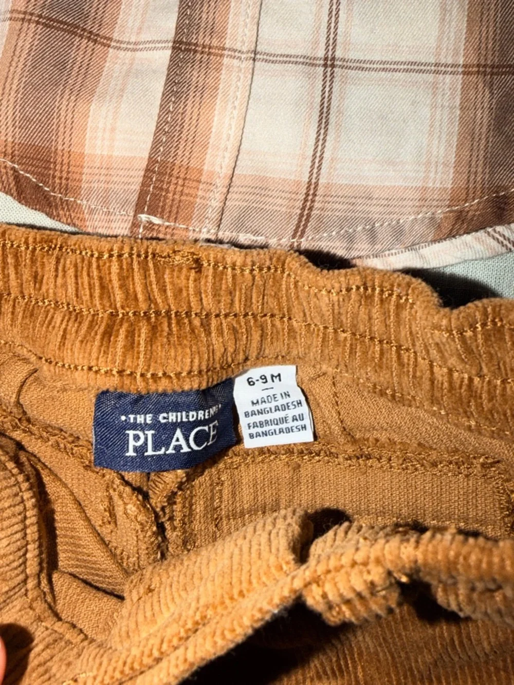The Children's Place Cream and Brown Plaid Shirt with Tan Corduroy Pants - Picture 2 of 3